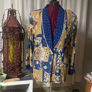 Jaclyn Smith Blue and Gold Patchwork Blazer with Studded Shawl Collar